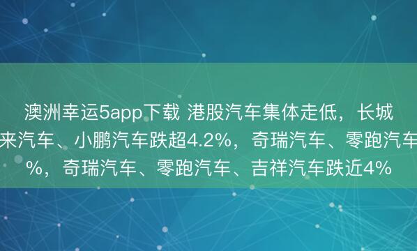 澳洲幸运5app下载 港股汽车集体走低,长城汽车跌近7%,,蔚来汽车、小鹏汽车跌超4.2%,奇瑞汽车、零跑汽车、吉祥汽车跌近4%
